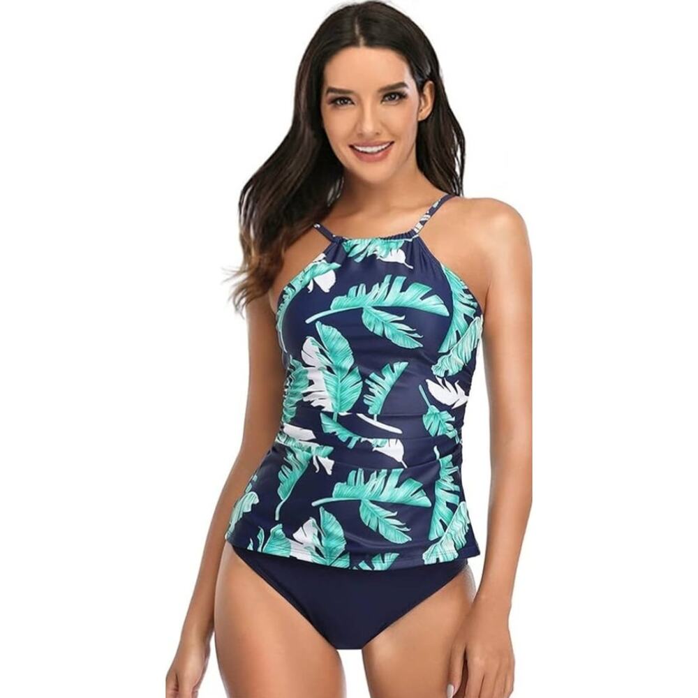 Tempt Me HighNeck Tankini Top with Green Leaf Design with Navy background XS NWT